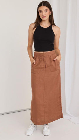 Re Union Tempt Mocha Linen Utilitarian Midi Skirt