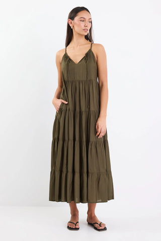 By Rosa Affair Olive Strappy Tiered Maxi Dress