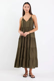 By Rosa Affair Olive Strappy Tiered Maxi Dress