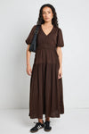 Among the Brave Aphrodite Espresso Hammered Satin SS V Neck Midi Dress