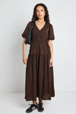 Among the Brave Aphrodite Espresso Hammered Satin SS V Neck Midi Dress