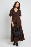 Among the Brave Aphrodite Espresso Hammered Satin SS V Neck Midi Dress