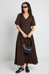 Among the Brave Aphrodite Espresso Hammered Satin SS V Neck Midi Dress