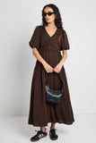 Among the Brave Aphrodite Espresso Hammered Satin SS V Neck Midi Dress