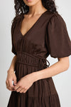 Among the Brave Aphrodite Espresso Hammered Satin SS V Neck Midi Dress