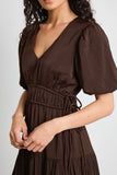 Among the Brave Aphrodite Espresso Hammered Satin SS V Neck Midi Dress
