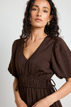 Among the Brave Aphrodite Espresso Hammered Satin SS V Neck Midi Dress