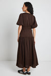 Among the Brave Aphrodite Espresso Hammered Satin SS V Neck Midi Dress