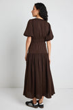 Among the Brave Aphrodite Espresso Hammered Satin SS V Neck Midi Dress
