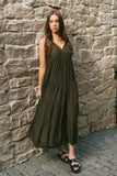 By Rosa Affair Olive Strappy Tiered Maxi Dress