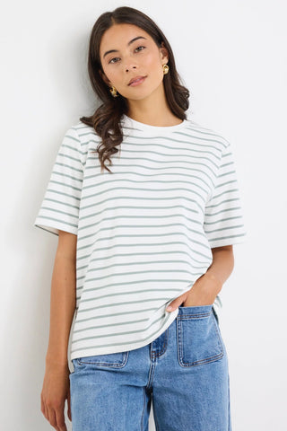 Re:Union Binding Khaki White Stripe Boxy Fit Tee