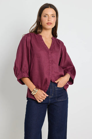 By Rosa Deity Burgundy Linen Button Through Puff Sleeve Blouse