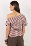 Among the Brave Distant Blush and Mocha Stripe Cotton Blend Off Shoulder Tee