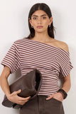Among the Brave Distant Blush and Mocha Stripe Cotton Blend Off Shoulder Tee