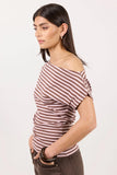 Among the Brave Distant Blush and Mocha Stripe Cotton Blend Off Shoulder Tee