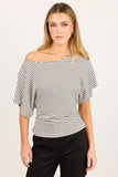 Among the Brave Emphasis Black White Stripe Cotton Gathered Waist Detail Short Sleeve Tee