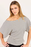 Among the Brave Emphasis Black White Stripe Cotton Gathered Waist Detail Short Sleeve Tee