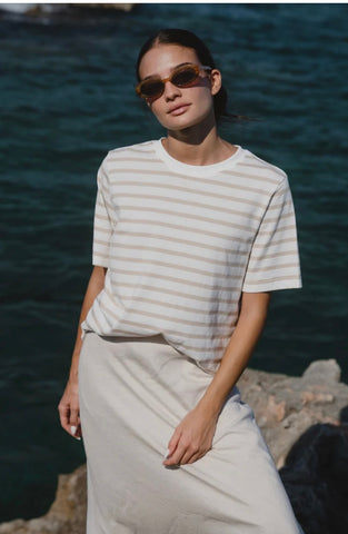 Re:Union Binding White Natural Stripe Boxy Fit Tee