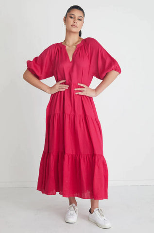 Ivy + Jack Santorini Linen Puff SS V-Neck Tiered Maxi Dress