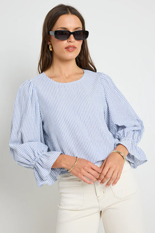 Ivy + Jack Imagine Blue Stripe Shirred Black LS Top