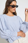 Ivy + Jack Imagine Blue Stripe Shirred Black LS Top