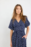 Stories be Told Lisbon Navy Polka Dot Puff Sleeve Midi Dress