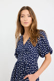 Stories be Told Lisbon Navy Polka Dot Puff Sleeve Midi Dress