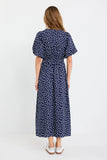 Stories be Told Lisbon Navy Polka Dot Puff Sleeve Midi Dress