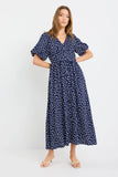 Stories be Told Lisbon Navy Polka Dot Puff Sleeve Midi Dress