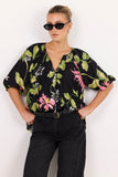 Among the Brave Refine Black Blush Floral Pintuck Front Mid Sleeve Top