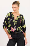 Among the Brave Refine Black Blush Floral Pintuck Front Mid Sleeve Top
