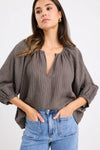 Re:Union Revolutionary Khaki Stripe Linen Relaxed LS Top
