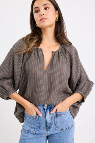 Re:Union Revolutionary Khaki Stripe Linen Relaxed LS Top