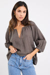 Re:Union Revolutionary Khaki Stripe Linen Relaxed LS Top