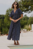 Stories be Told Lisbon Navy Polka Dot Puff Sleeve Midi Dress