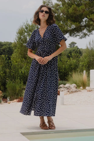 Stories be Told Lisbon Navy Polka Dot Puff Sleeve Midi Dress