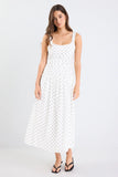 Stories be Told Tide Cream Polka Dot Pleated Bodice Strappy Midi Dress