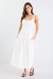Stories be Told Tide Cream Polka Dot Pleated Bodice Strappy Midi Dress