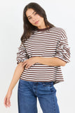 Stories be Told Unite Chocolate White Stripe Long Sleeve Contrast Binding Tee